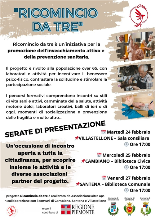 “Ricomincio da tre”  il progetto dedicato alla popolazione over 65