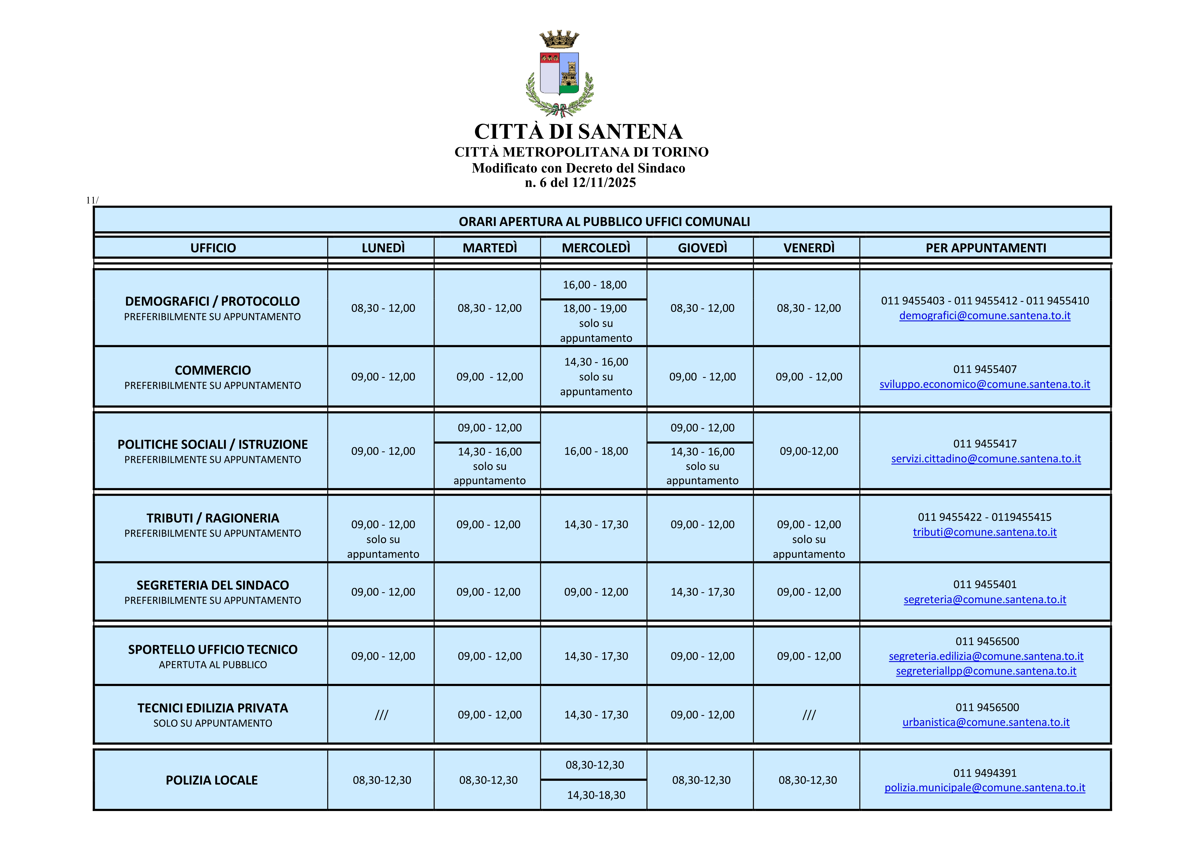 Orari apertura al pubblico uffici comunali dal 1/12/2025